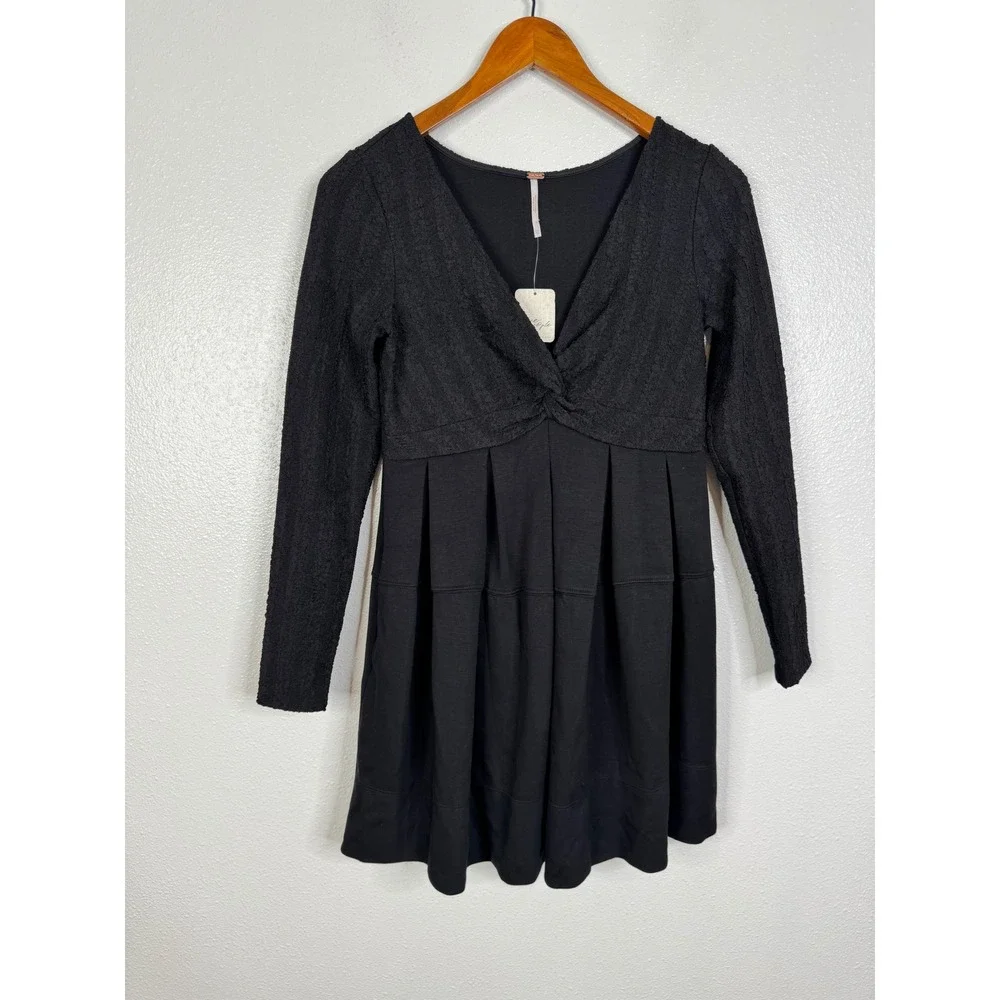Free People Black Mixed Media Long Sleeve Mini Dress OB1847836 XS